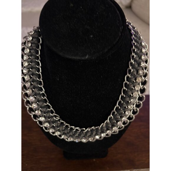 Chunky Silver Chain Necklace With Rhinestone & Black Suede Detailing - Picture 3 of 8